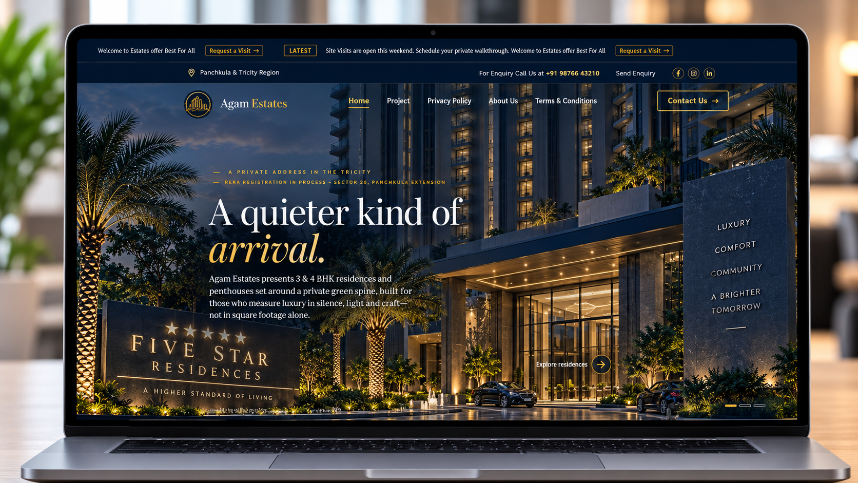 Authentic Agam Estates luxury residential project website displayed inside a realistic laptop mockup